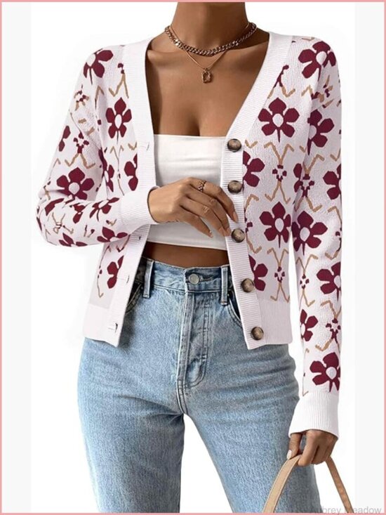 Sweaters - Floral Cardigan Sweater Open Front V Neck Long Sleeve Knit